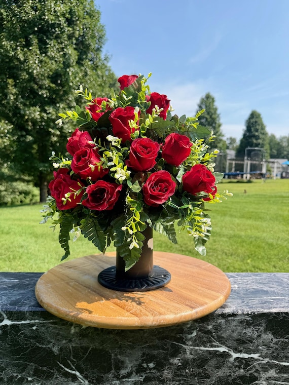 Red Rose Vase Cemetery Arrangement - Memorial Headstone Arrangement - Grave Decoration for Christmas