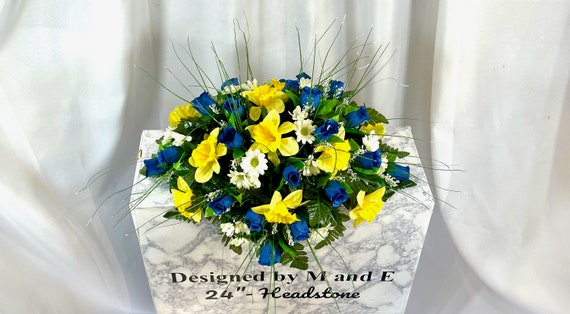 Blue-Yellow 22-24" Cemetery Saddle, Cemetery Flower, Flower for Cemetery, Memorial Saddle, Sympathy Flowers, Headstone Flowers, Gravesite