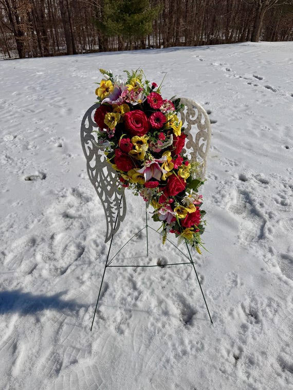 White Angel Wings with Bright Flowers Cemetery Arrangement, Memorial Flowers, Headstone Decorations,