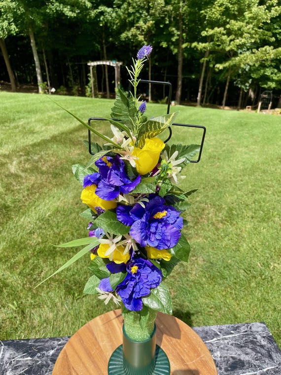 Yellow & Blue Silk Flower Cemetery Cross - Memorial Arrangement