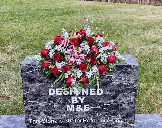 Valentine Hearts with Bow Cemetery Saddle, Flowers for the Cemetery, Memorial Day, Sympathy Flowers, Cemetery Flowers, Gravesite Flowers