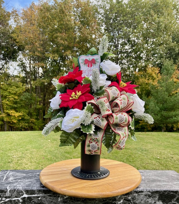Christmas Cemetery Vase: Let Heaven and Nature Sing Sign with Bow Memorial Flowers