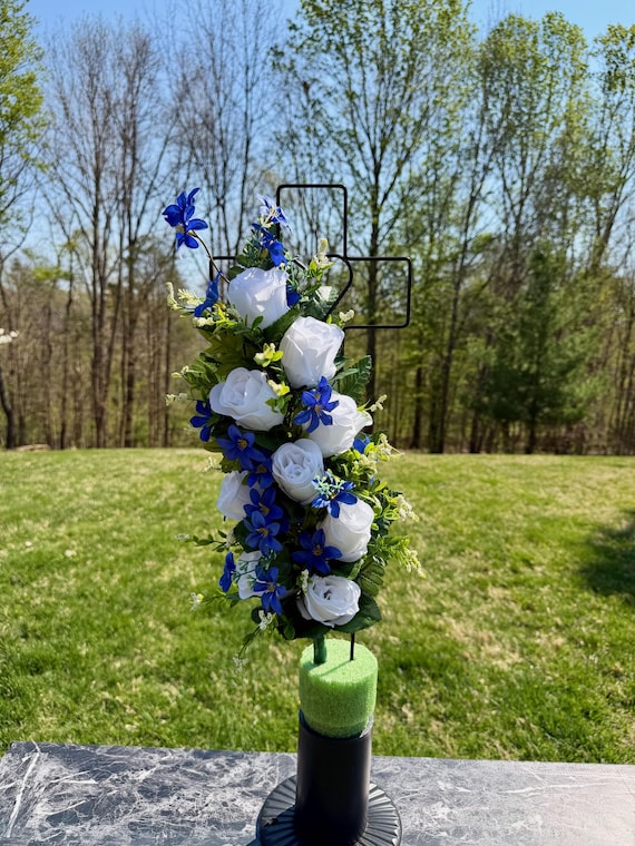 Blue and White Multi-Color Silk Flower Cemetery Reusable Cross - Grave Decoration - Memorial Arrangement