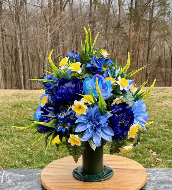 Blue and Yellow Cemetery Vase Arrangement, Headstone Arrangement, Memorial Flowers