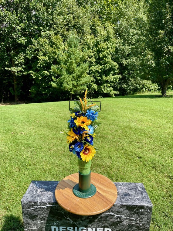 Silk Cemetery Cross Flower Arrangement: Bright Blue and Yellow Memorial