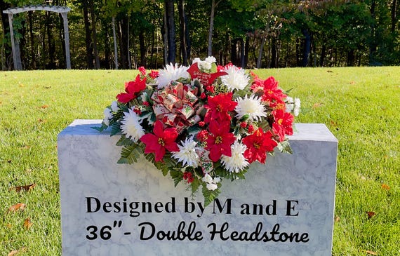 Cardinal with Bow Winter Cemetery Saddle, Christmas Grave, Christmas Cemetery Flowers, Christmas Headstone Arrangement, Memorial Flowers