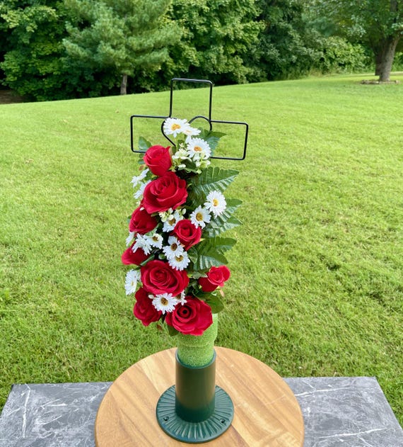 Red & White Silk Flower Cemetery Cross - Memorial Arrangement