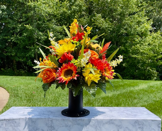 Orange-Yellow Cemetery Vase, Vase Arrangement, Memorial Cemetery Vase, Memorial Flowers, Spring Cemetery Vase, Sympathy Flowers