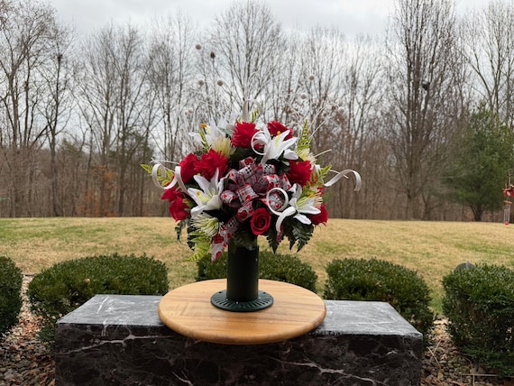 Valentine Cemetery Vase with Swirls and Bow, Cemetery Arrangement, Grave Decorations, Memorial Flowers