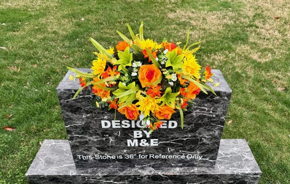 Orange Yellow Green Cemetery Saddle Arrangement, Memorial Sympathy Flowers