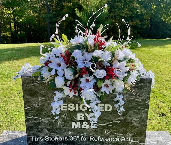 Large White Winter Whimsical Christmas Cemetery Saddle: Christmas Swirls Memorial Flowers