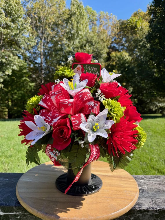 Merry Christmas with Bow Christmas Cemetery Vase Arrangement: Memorial Flowers