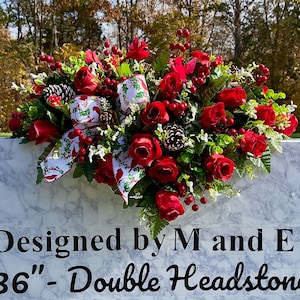 Redbirds/Cardinals with Bow Christmas Cemetery Saddle, Winter Headstone Decorations, Cemetery Flowers, Grave Holiday Arrangement