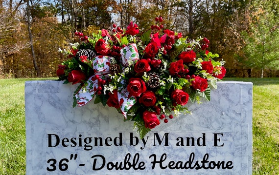 Redbirds in Roses Cemetery Saddle, Christmas Cemetery Flowers, Headstone Saddle Arrangement, Christmas Headstone Saddle