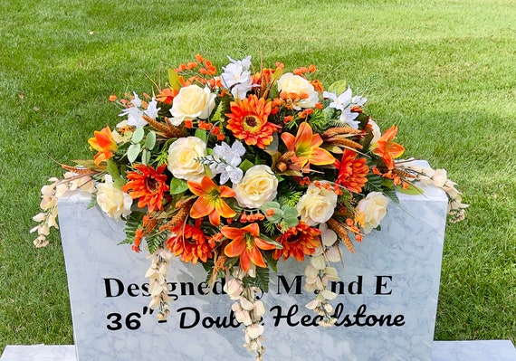 Orange-Cream-White Quality Silk Flowers, Cemetery Saddle, Cemetery Flowers, Headstone Saddle, Cemetery Arrangement, Memorial Day Flowers