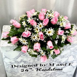 Pink Rose Cemetery Saddle: Silk Headstone Flowers, Memorial Arrangement (22-24”)