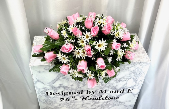 Soft-Pink Single Headstone Cemetery Saddle, 22-24” Cemetery Flower Arrangement, Flowers for Cemetery, Memorial Saddle, Sympathy Flowers