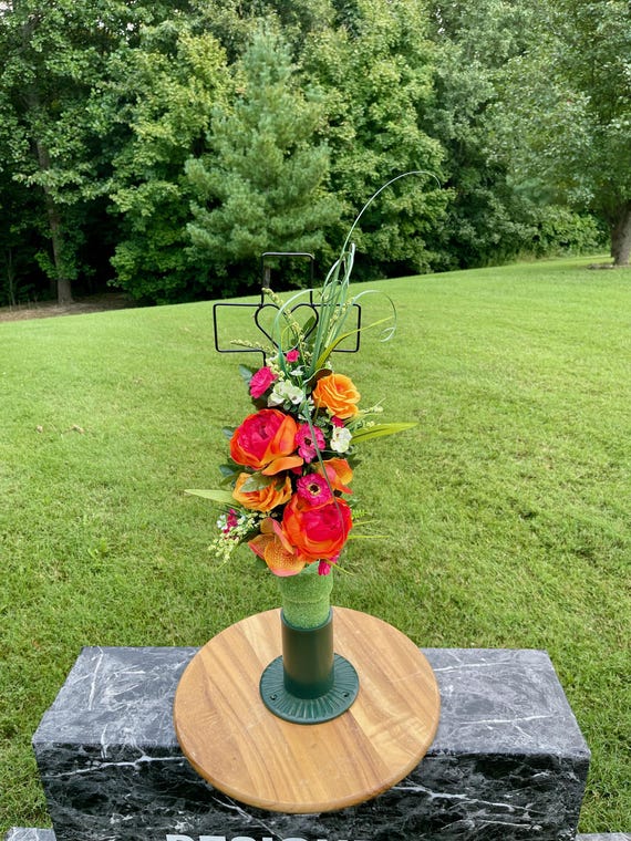 Orange-Pink Silk Flower Cemetery Cross: Memorial Arrangement