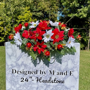 Red and White Christmas 22”-24” Cemetery Single Saddle, Christmas Cemetery Flower, Christmas Headstone Saddle Arrangement, Memorial Flower