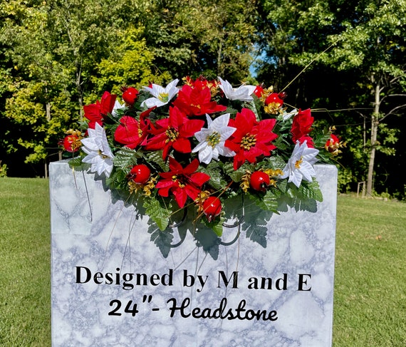 Red and White Christmas 22”-24” Cemetery Single Saddle, Christmas Cemetery Flower, Christmas Headstone Saddle Arrangement, Memorial Flower
