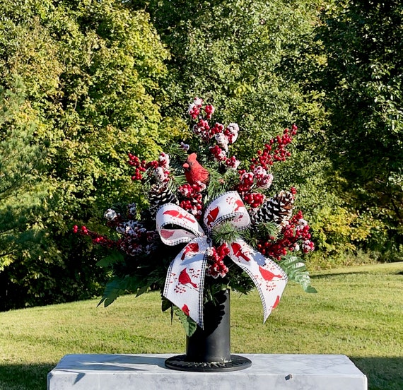 Redbird with Frosted Berries Christmas Cemetery Vase Piece,  Holiday Cemetery Vase, Cemetery Vase, Sympathy Flowers for Vase, Headstone Vase
