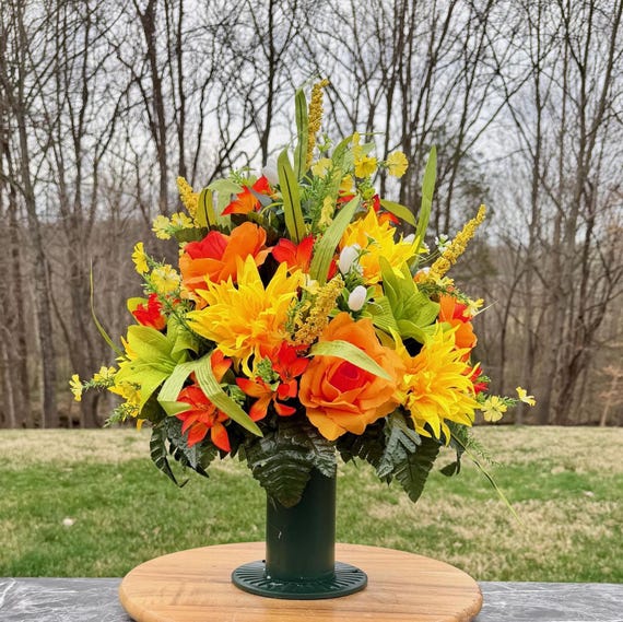 Orange Yellow Cemetery Vase Arrangement, Memorial Flowers Sympathy Arrangement