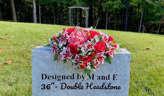 Red and White with Bow Cemetery Saddle, Christmas Grave, Christmas Cemetery Flowers, Christmas Headstone Arrangement, Memorial Flowers