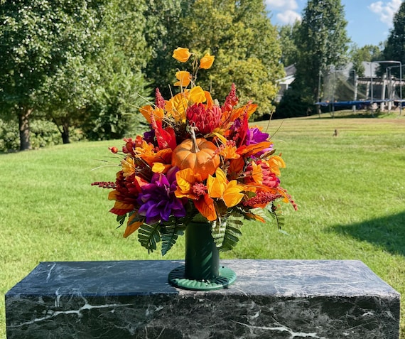 Fall Pumpkin Cemetery Vase: Silk Flower Memorial Arrangement
