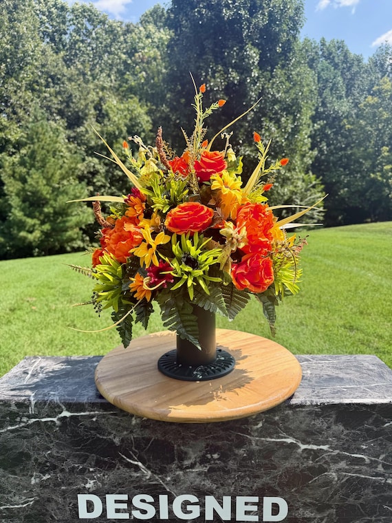 Yellow, Orange and Green Fall Cemetery Vase Arrangement: Fall Memorial Flowers