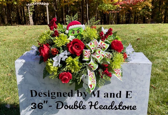 Grinch with Bow and Bright Flowers Cemetery Saddle, Christmas Cemetery Flowers, Headstone Saddle Arrangement, Christmas Headstone Saddle