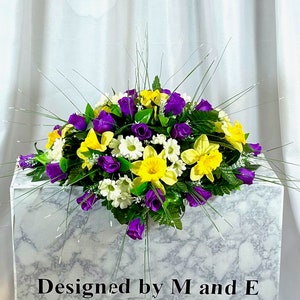 1 Purple and Yellow Headstone Cemetery Saddle, 22-24” Cemetery Flower Arrangement, Flowers for Cemetery, Memorial Saddle, Sympathy Flowers
