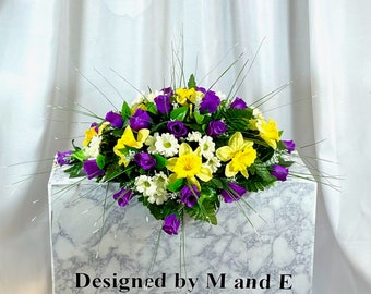 1 Purple and Yellow Headstone Cemetery Saddle, 22-24” Cemetery Flower Arrangement, Flowers for Cemetery, Memorial Saddle, Sympathy Flowers