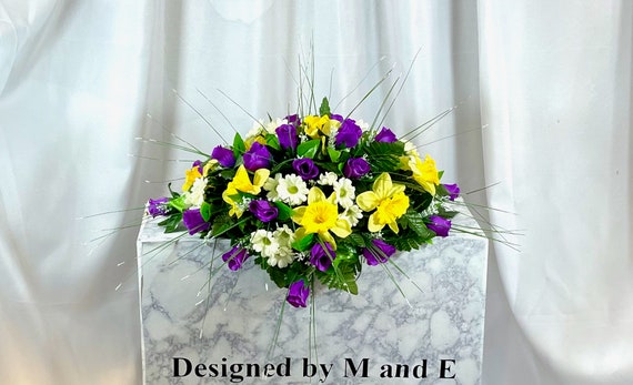1 Purple and Yellow Headstone Cemetery Saddle, 22-24” Cemetery Flower Arrangement, Flowers for Cemetery, Memorial Saddle, Sympathy Flowers