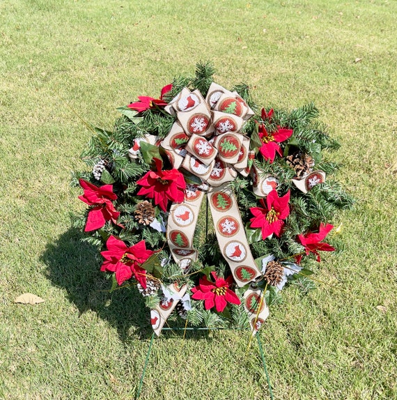 Poinsette Christmas Cemetery Wreath with self mounting spike, Christmas Cemetery Flower, Wreath Arrangement, Christmas Headstone Wreath