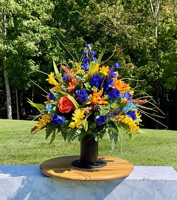 Fall Blue-Yellow Quality Cemetery Vase, Vase Arrangement, Memorial Cemetery Vase, Memorial Flowers, Spring Cemetery Vase, Sympathy Flowers