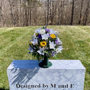 Purple-White-Yellow Cemetery Vase, Vase Arrangement, Memorial Cemetery Vase, Memorial Flowers, Spring Cemetery Vase, Sympathy Flowers