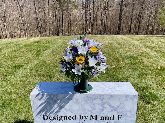 Purple-White-Yellow Cemetery Vase, Vase Arrangement, Memorial Cemetery Vase, Memorial Flowers, Spring Cemetery Vase, Sympathy Flowers