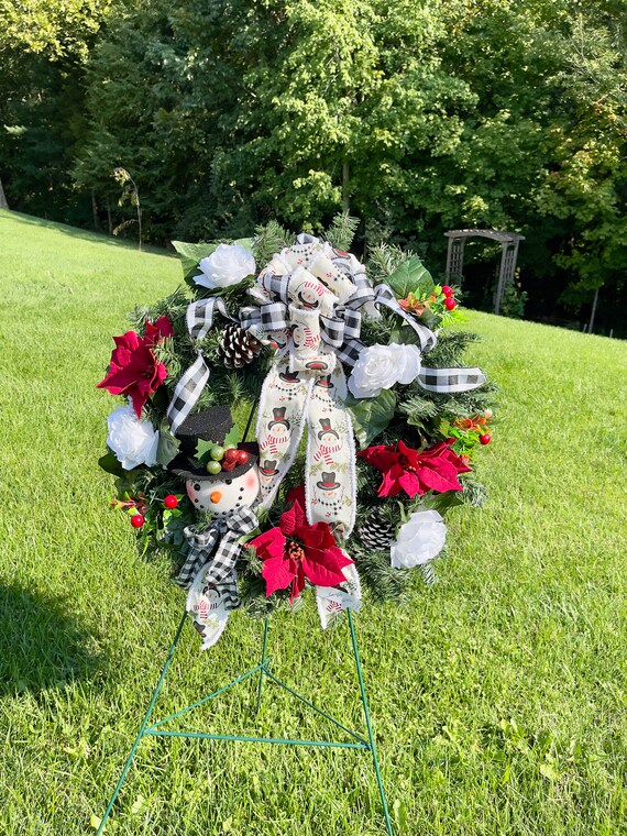 Snowman with Bow Christmas Cemetery Wreath, Snowman Christmas Wreath, Christmas Cemetery, Wreath Arrangement, Christmas Headstone Wreath