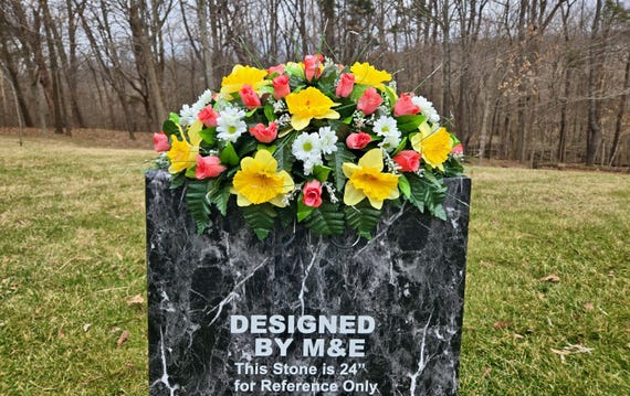 Yellow, Coral and White Cemetery Saddle, 22"-24", Cemetery Arrangement, Flowers for Cemetery, Memorial Saddle, Cemetery Flowers, Gravesite