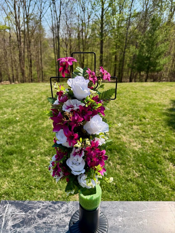Pink, White and Green Multi-Color Silk Flower Cemetery Reusable Cross - Grave Decoration - Memorial Arrangement
