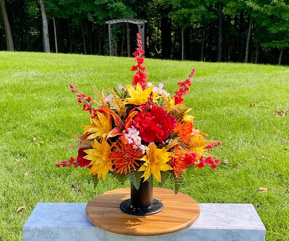 Yellow-Red-White Fall Cemetery Vase, Vase Arrangement, Memorial Cemetery Vase, Memorial Flowers, Spring Cemetery Vase, Sympathy Flowers