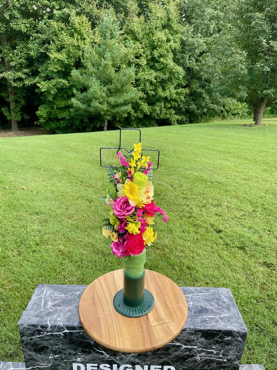 Silk Cemetery Cross Flower Arrangement: Yellow & Pink Memorial