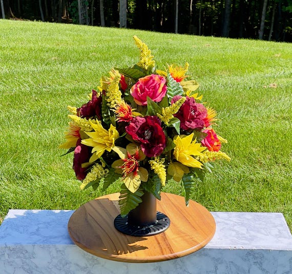 Burgundy and Yellow Cemetery Vase, Vase Arrangement, Memorial Cemetery Vase, Memorial Flowers, Spring Cemetery Vase, Sympathy Flowers