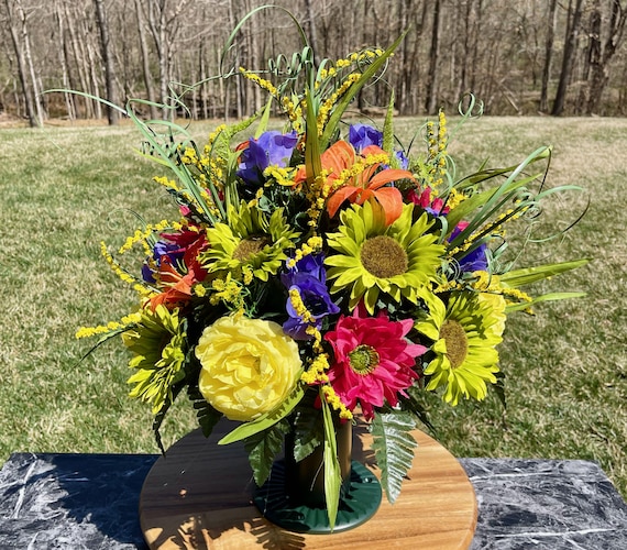 Green-Orange-Pink-Blue Cemetery Vase, Vase Arrangement, Memorial Cemetery Vase, Memorial Flowers, Spring Cemetery Vase, Sympathy Flowers