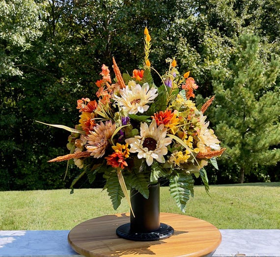 Fall Cream-Orange-Yellow Cemetery Vase, Vase Arrangement, Memorial Cemetery Vase, Memorial Flowers, Spring Cemetery Vase, Sympathy Flowers