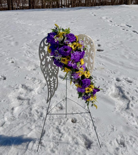 White Angel Wings with Purple and Yellow Flowers Cemetery Arrangement, Memorial Flowers, Headstone Decorations,