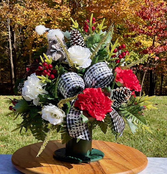 Winter Bird with Bow Christmas Cemetery Vase, Vase Arrangement, Memorial Cemetery Vase, Cemetery Vase, Sympathy Flower