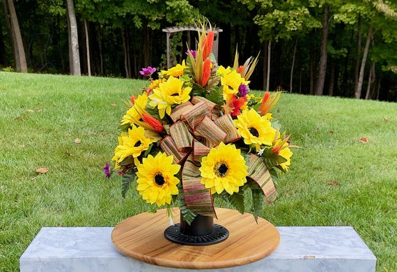 Fall Yellow and Orange Cemetery Vase, Vase Arrangement, Memorial Cemetery Vase, Memorial Flowers, Spring Cemetery Vase, Sympathy Flowers