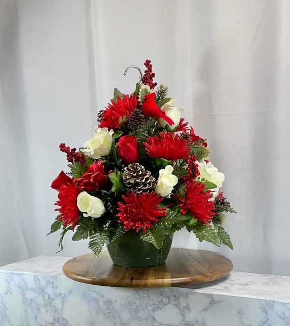 Holiday Redbirds Cemetery Hanging Basket, Memorial Flowers