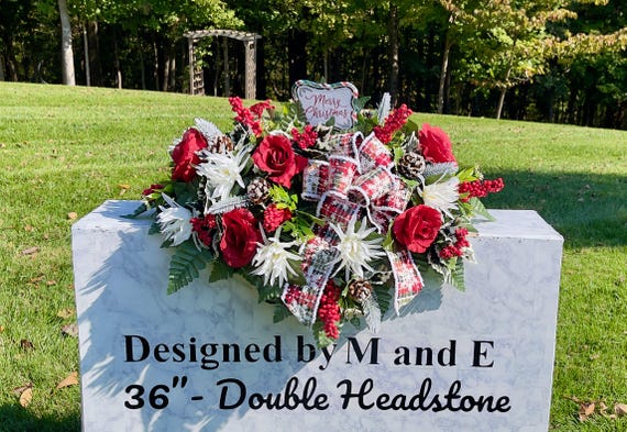 Merry Christmas with Snowflake Bow Christmas Cemetery Saddle Christmas, Christmas Cemetery Flowers, Christmas Headstone Saddle Arrangement